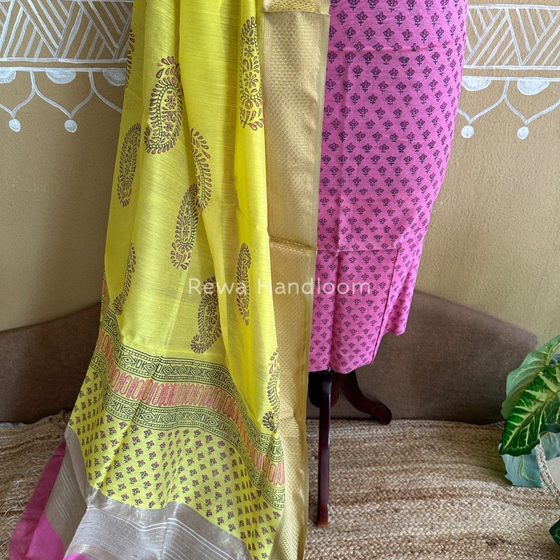 Maheshwari Pink-Yellow Handblock Print Top-Dupatta HBS049