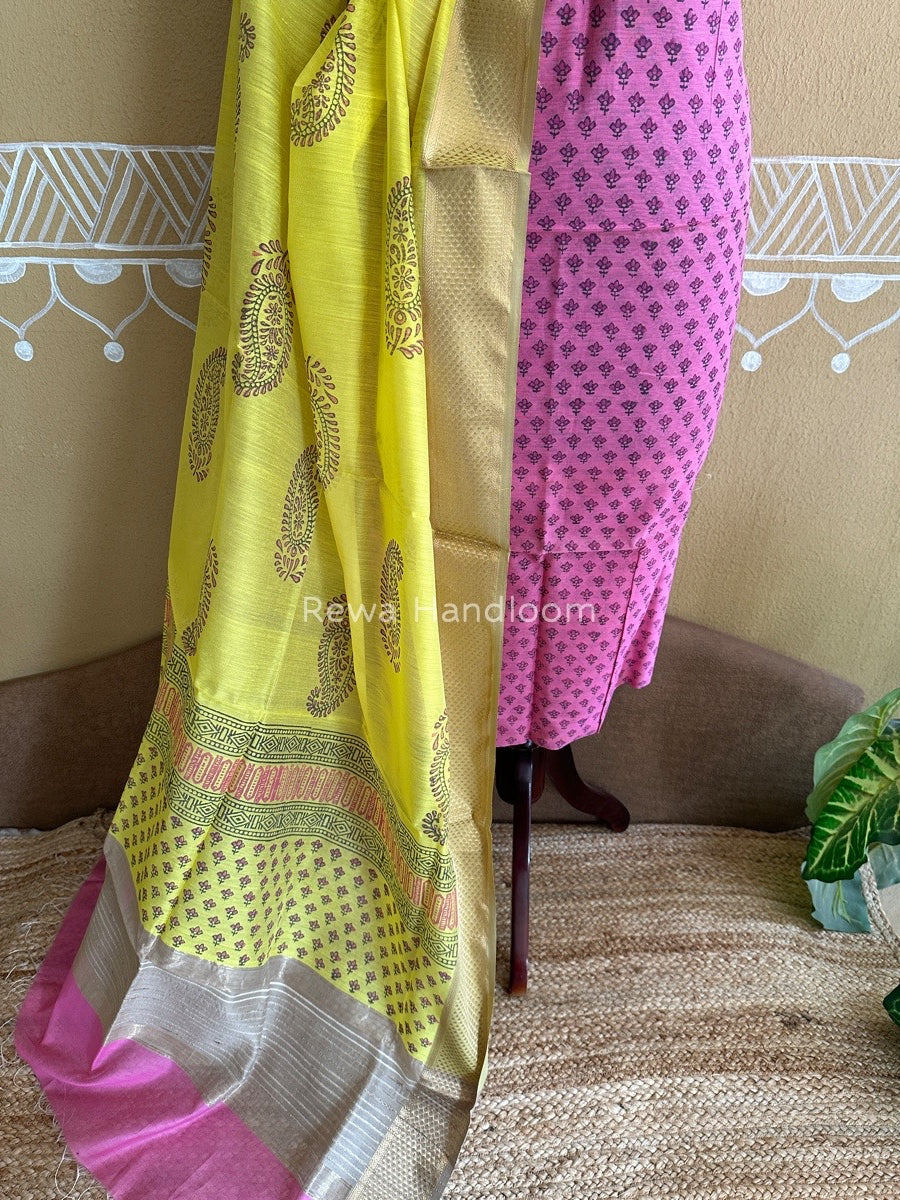 Maheshwari Pink-Yellow Handblock Print Top-Dupatta HBS049