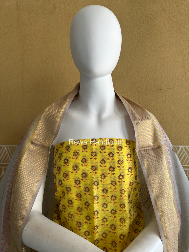 Maheshwari Yellow-Grey Handblock Print Top-Dupatta HBS045