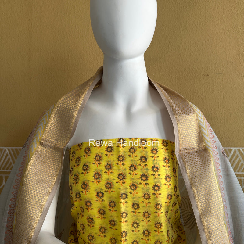 Maheshwari Yellow-Grey Handblock Print Top-Dupatta HBS045