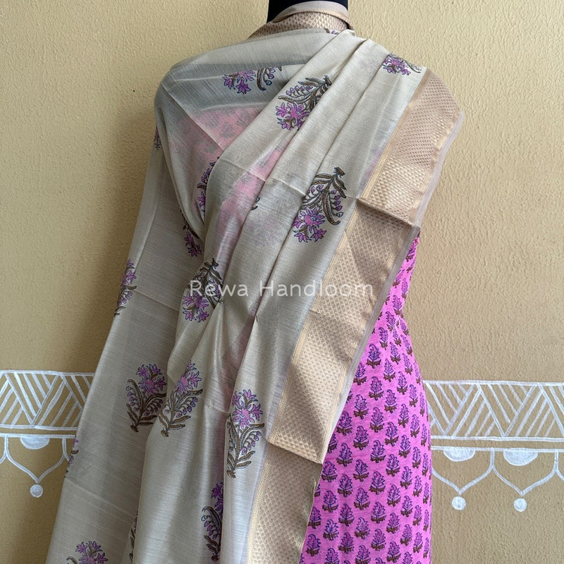 Maheshwari Rani Pink-Tussar Handblock Print Top-Dupatta HBS037