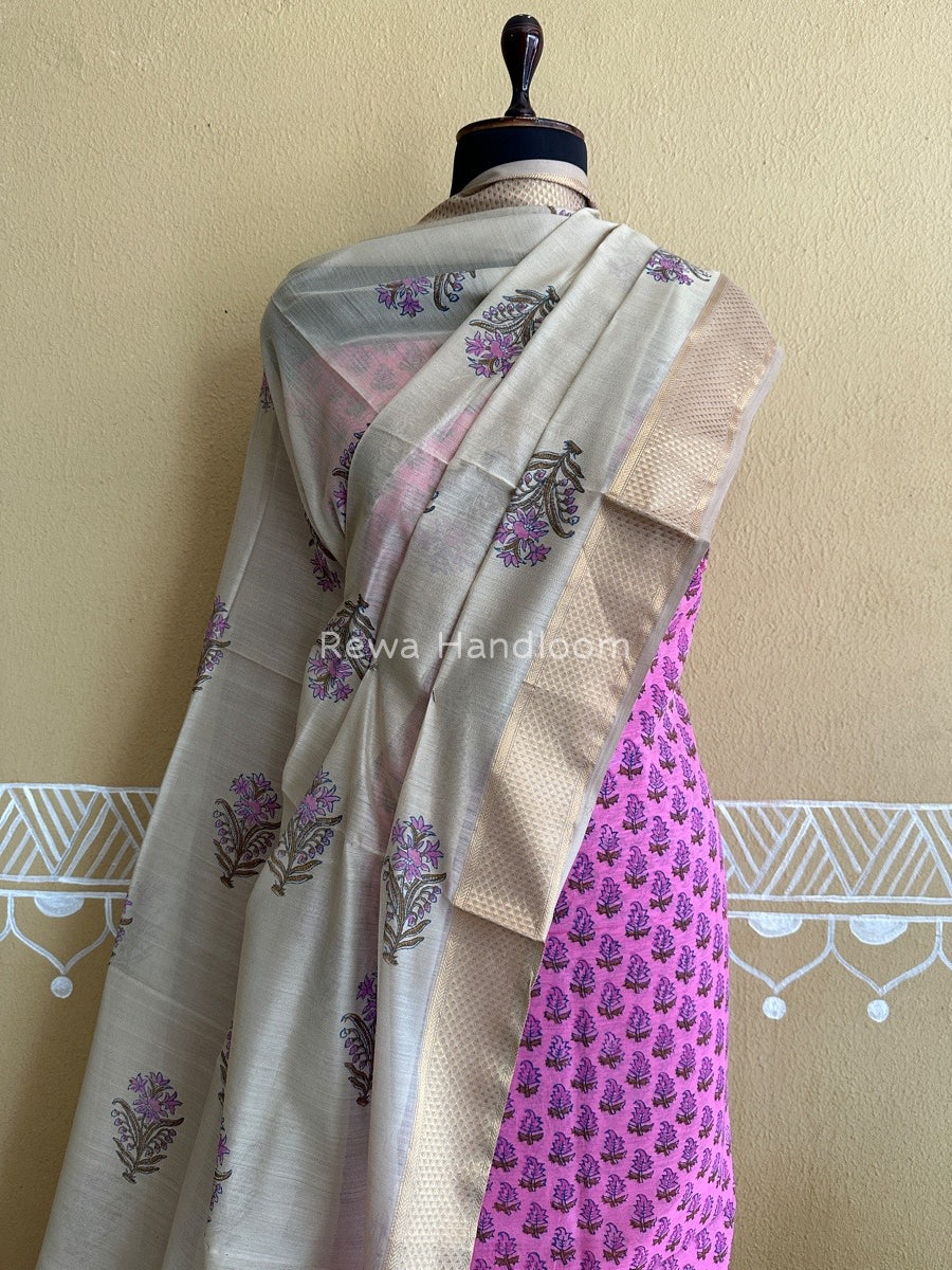 Maheshwari Rani Pink-Tussar Handblock Print Top-Dupatta HBS037