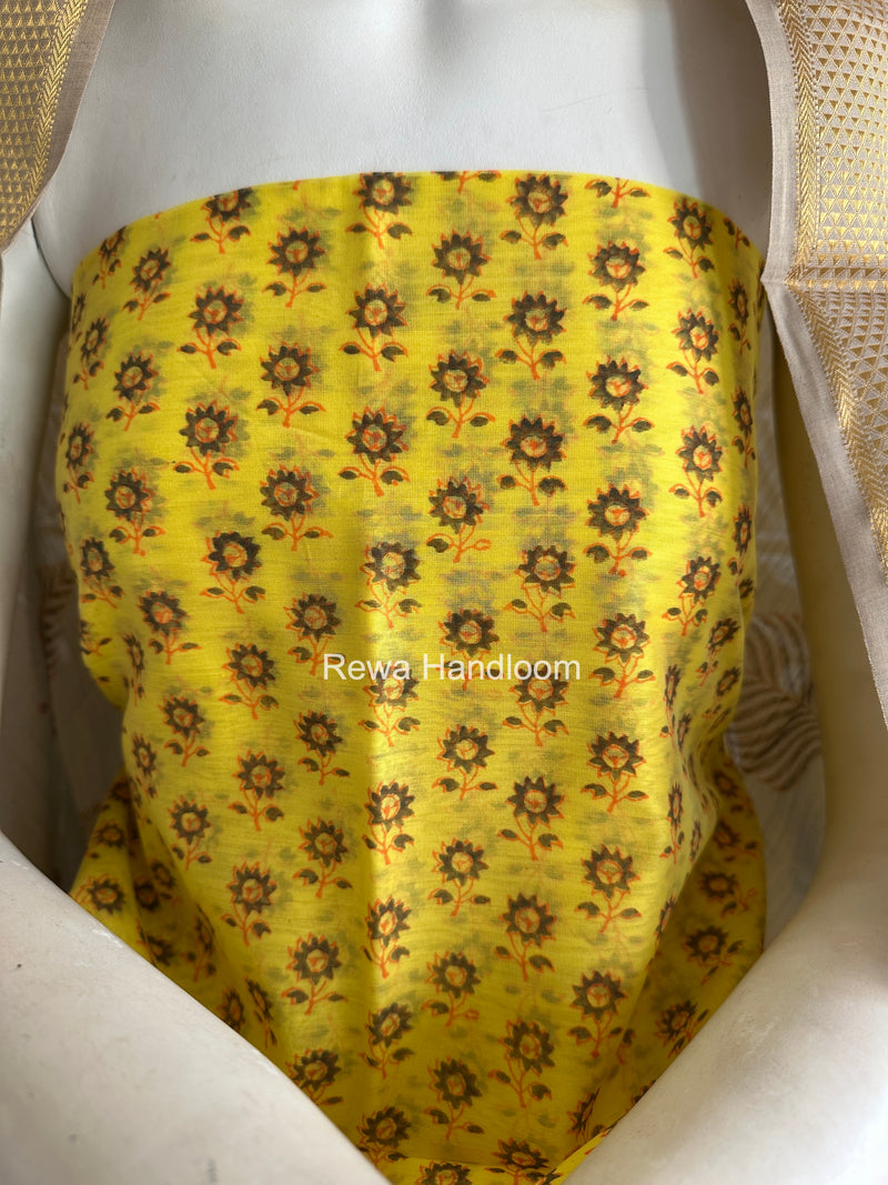 Maheshwari Yellow-Grey Handblock Print Top-Dupatta HBS045
