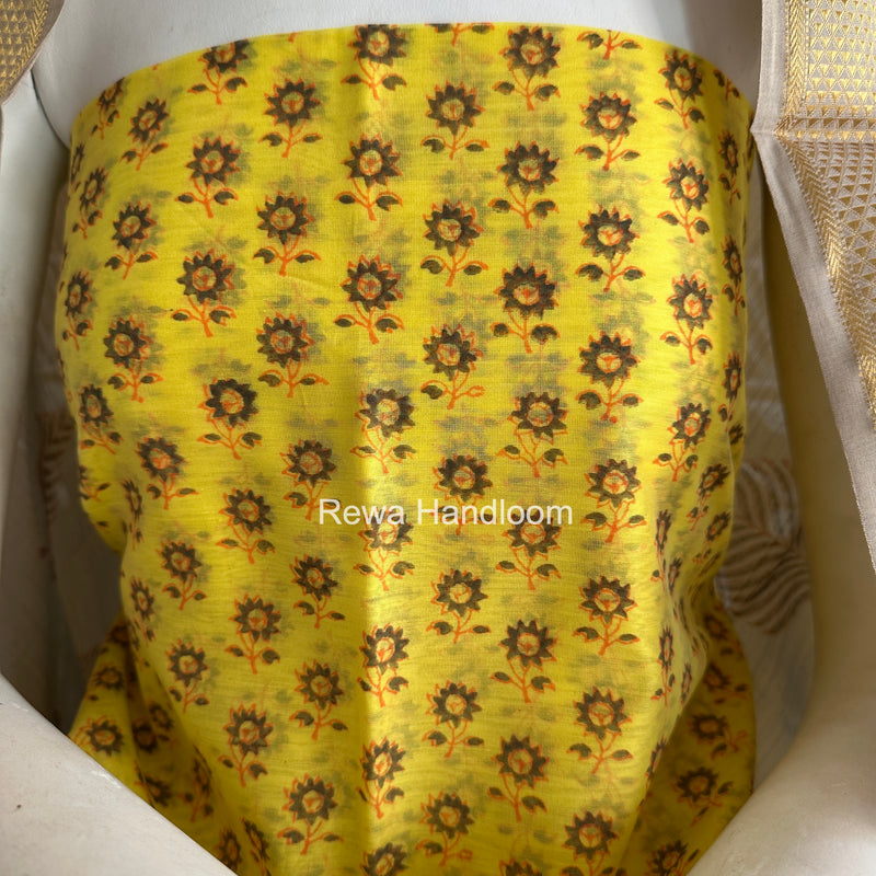 Maheshwari Yellow-Grey Handblock Print Top-Dupatta HBS045