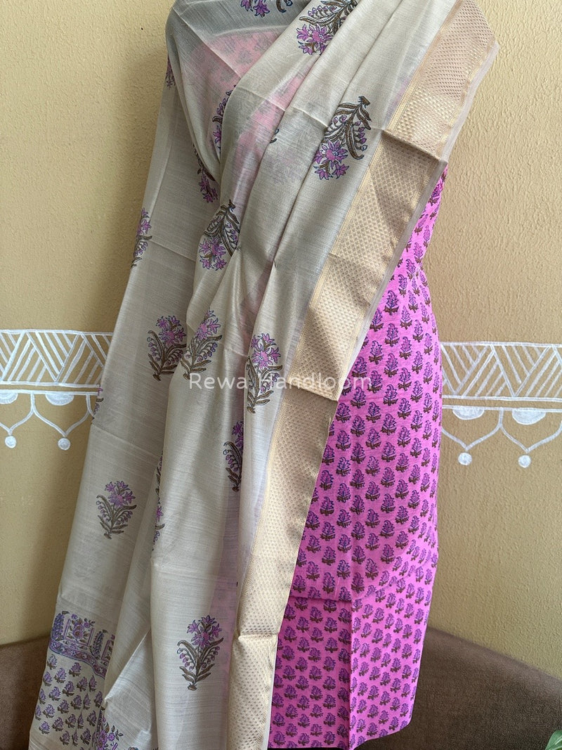 Maheshwari Rani Pink-Tussar Handblock Print Top-Dupatta HBS037