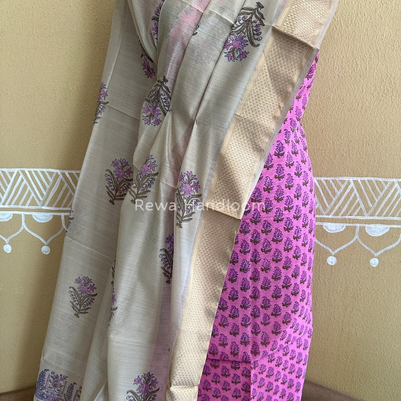 Maheshwari Rani Pink-Tussar Handblock Print Top-Dupatta HBS037