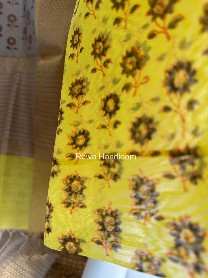 Maheshwari Yellow-Grey Handblock Print Top-Dupatta HBS045