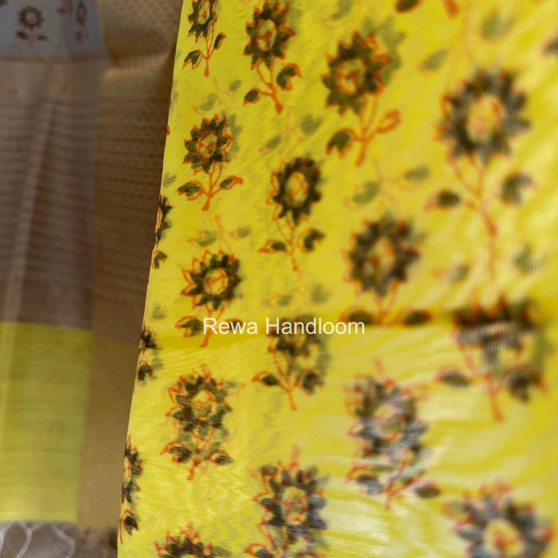 Maheshwari Yellow-Grey Handblock Print Top-Dupatta HBS045