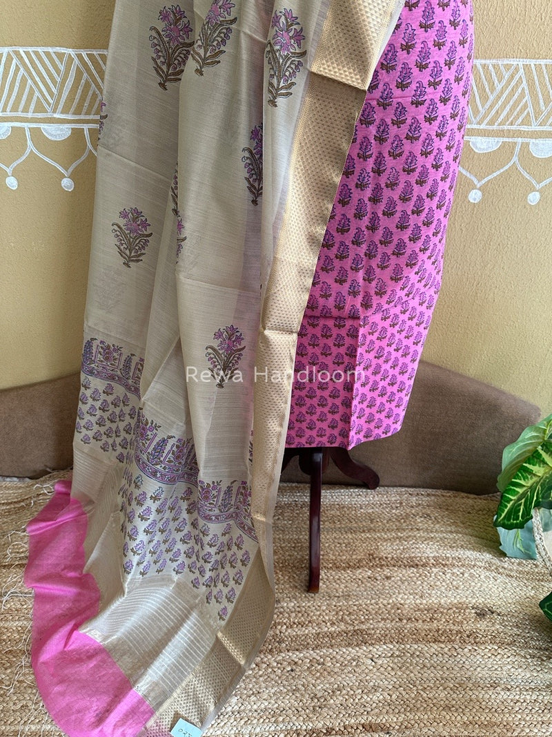 Maheshwari Rani Pink-Tussar Handblock Print Top-Dupatta HBS037
