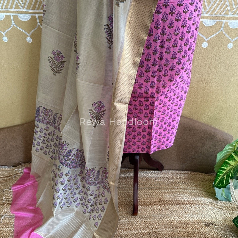 Maheshwari Rani Pink-Tussar Handblock Print Top-Dupatta HBS037
