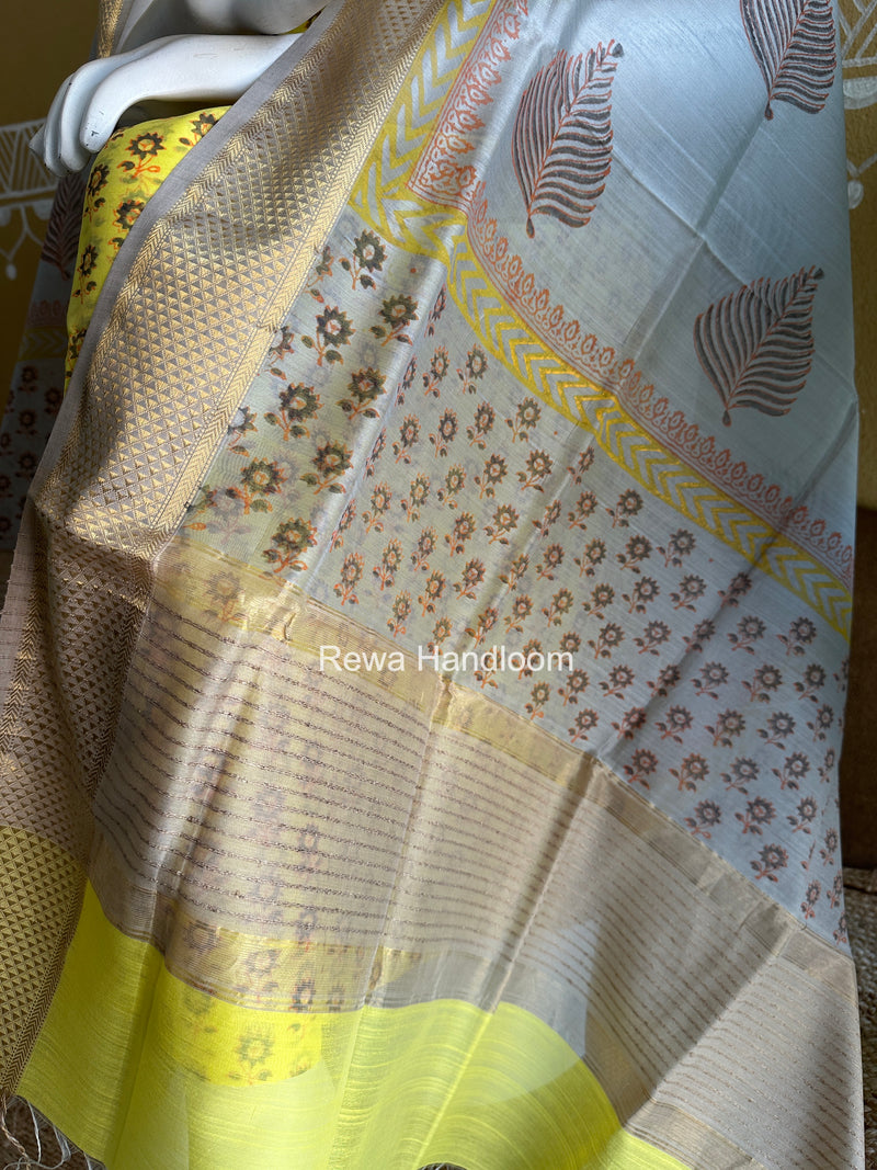 Maheshwari Yellow-Grey Handblock Print Top-Dupatta HBS045