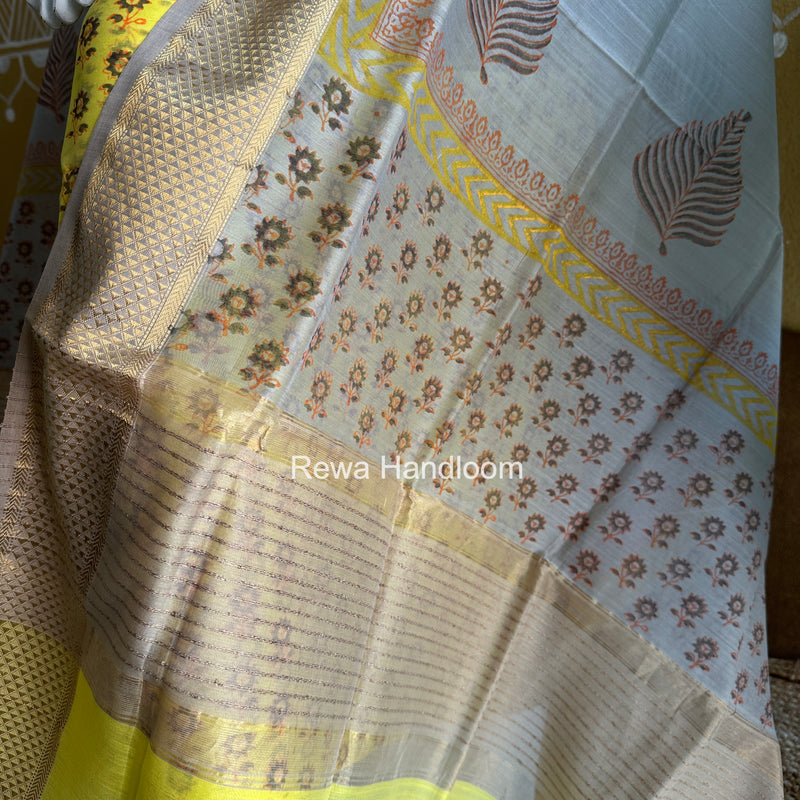 Maheshwari Yellow-Grey Handblock Print Top-Dupatta HBS045