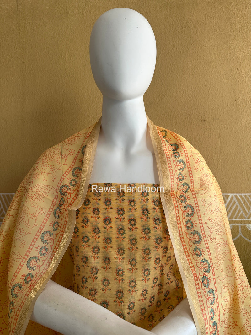 Maheshwari Light Yellow Handblock Print Top-Dupatta HBS0202