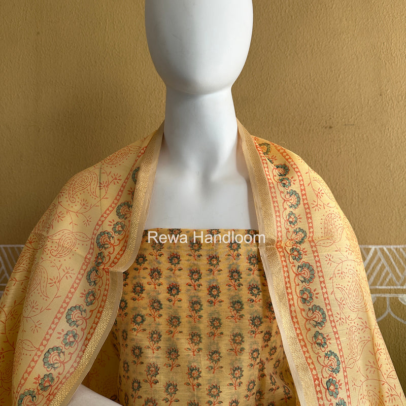 Maheshwari Light Yellow Handblock Print Top-Dupatta HBS0202