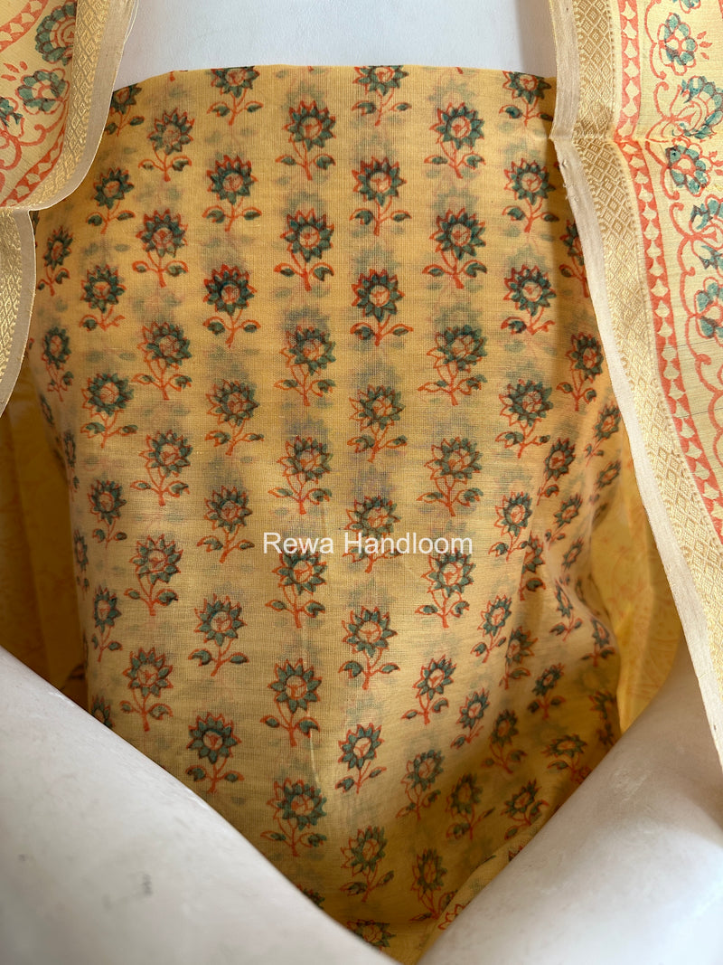 Maheshwari Light Yellow Handblock Print Top-Dupatta HBS0202