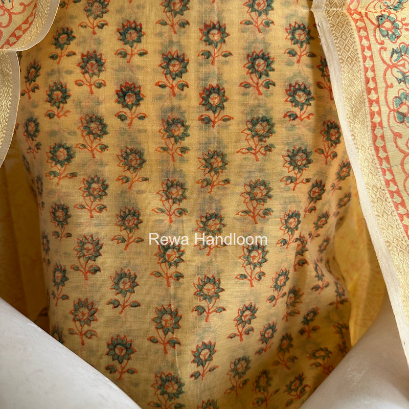 Maheshwari Light Yellow Handblock Print Top-Dupatta HBS0202