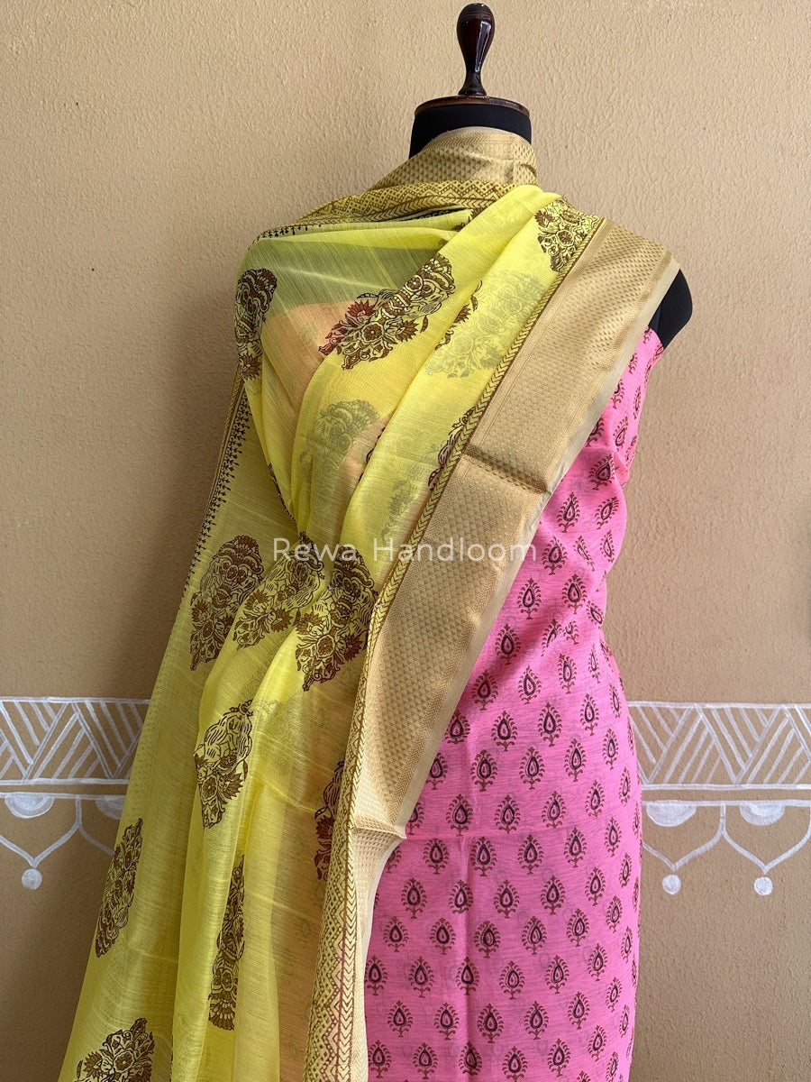 Maheshwari Pink-Yellow Handblock Print Top-Dupatta HBS043