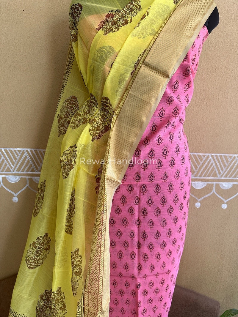 Maheshwari Pink-Yellow Handblock Print Top-Dupatta HBS043