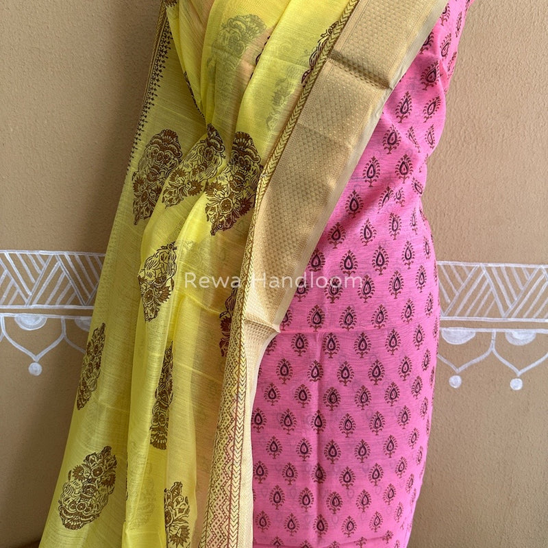 Maheshwari Pink-Yellow Handblock Print Top-Dupatta HBS043