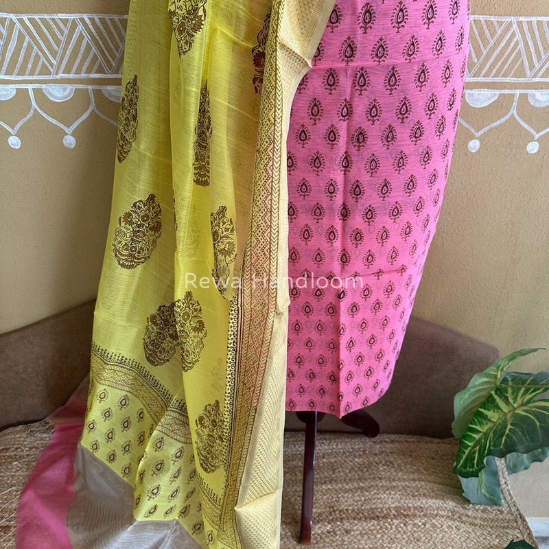 Maheshwari Pink-Yellow Handblock Print Top-Dupatta HBS043