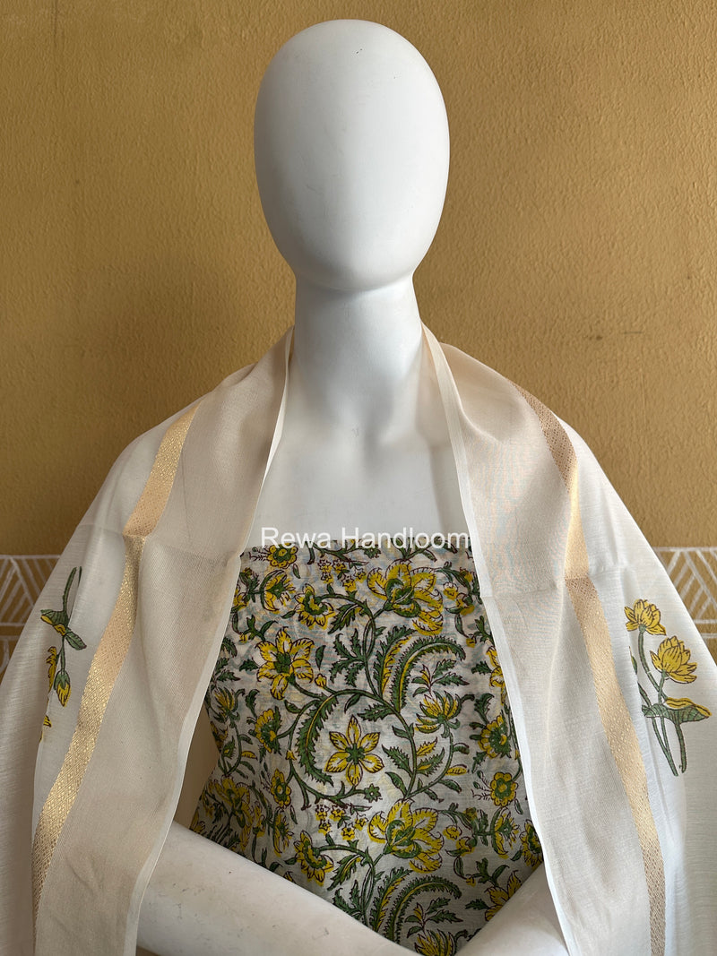 Maheshwari White Handblock Print Top-Dupatta HBS0208