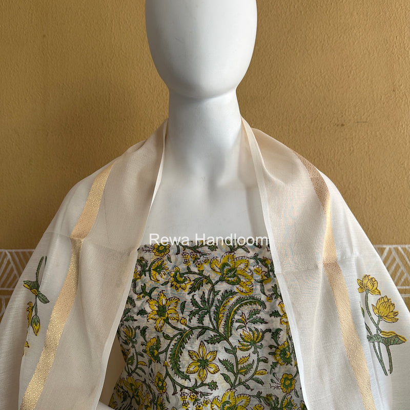 Maheshwari White Handblock Print Top-Dupatta HBS0208