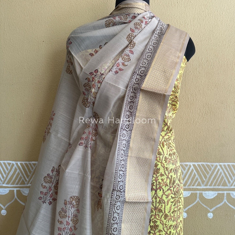 Maheshwari Yellow-Tussar Handblock Print Top-Dupatta HBS063
