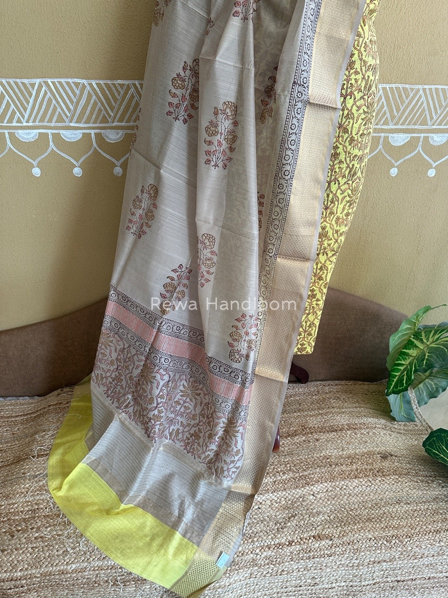 Maheshwari Yellow-Tussar Handblock Print Top-Dupatta HBS063