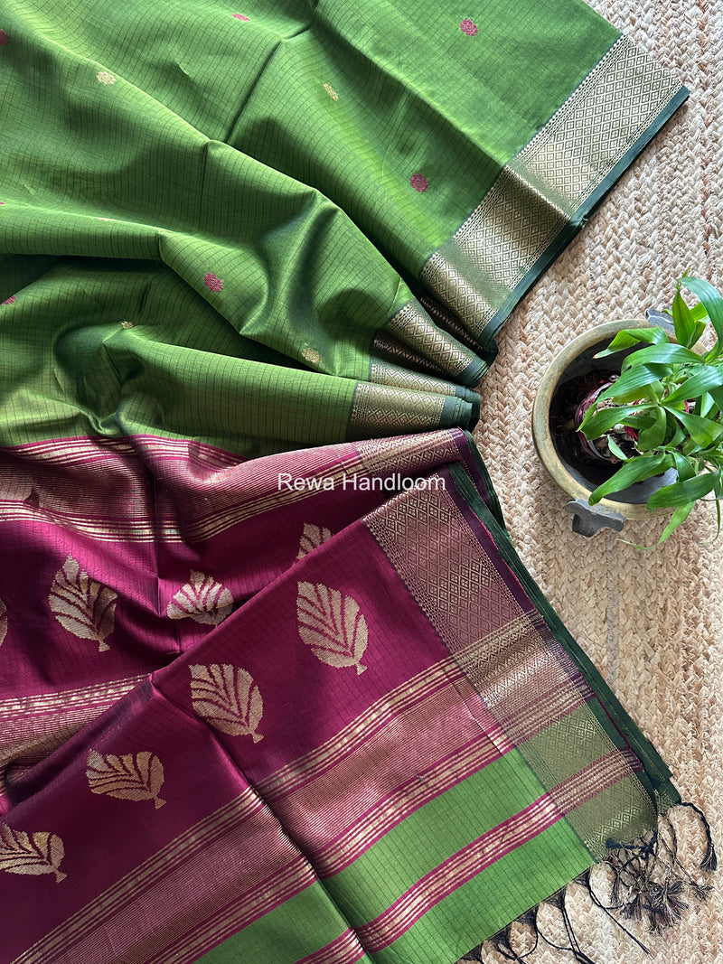 Maheshwari Parrot Green Butta Pallu Saree BTPS095