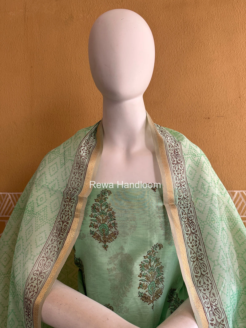 Maheshwari Light Sea Green Handblock Print Top-Dupatta HBS0217