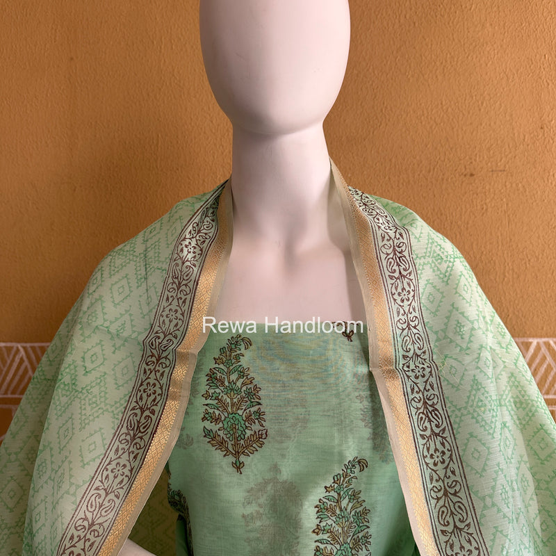 Maheshwari Light Sea Green Handblock Print Top-Dupatta HBS0217