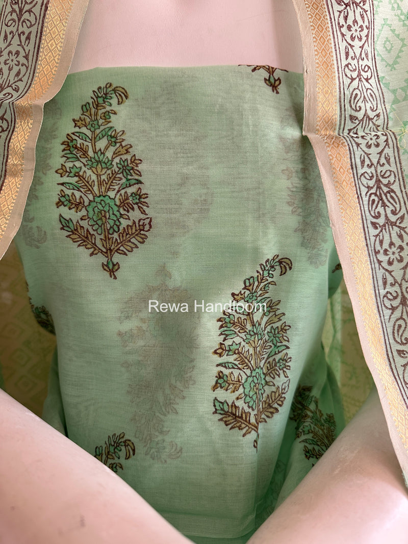 Maheshwari Light Sea Green Handblock Print Top-Dupatta HBS0217