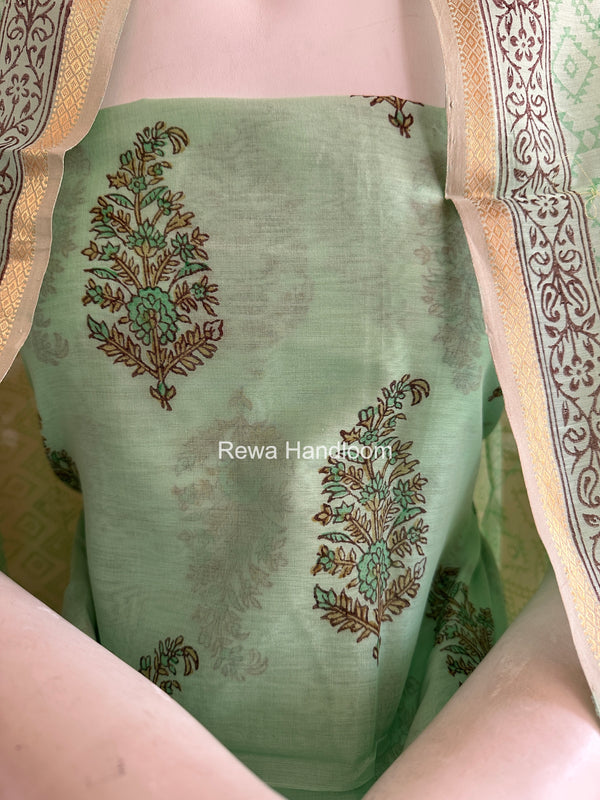 Maheshwari Light Sea Green Handblock Print Top-Dupatta HBS0217