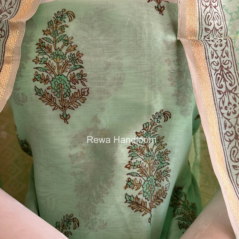 Maheshwari Light Sea Green Handblock Print Top-Dupatta HBS0217