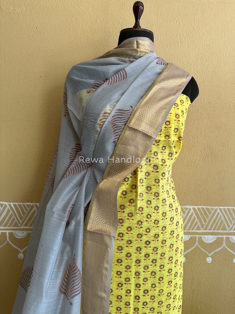 Maheshwari Yellow-Grey Handblock Print Top-Dupatta HBS045