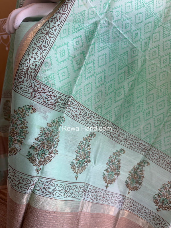 Maheshwari Light Sea Green Handblock Print Top-Dupatta HBS0217