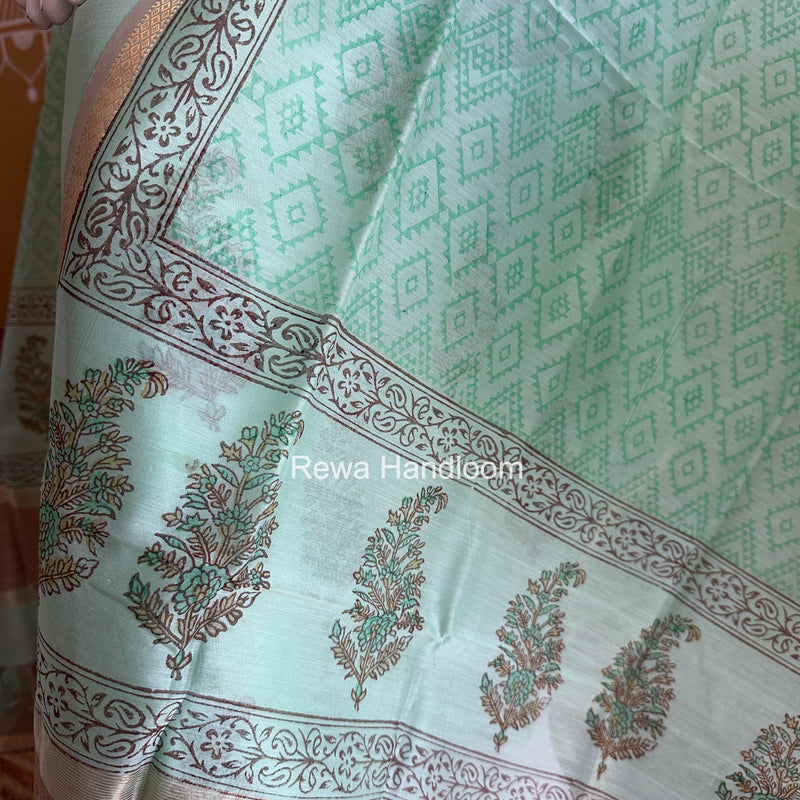 Maheshwari Light Sea Green Handblock Print Top-Dupatta HBS0217