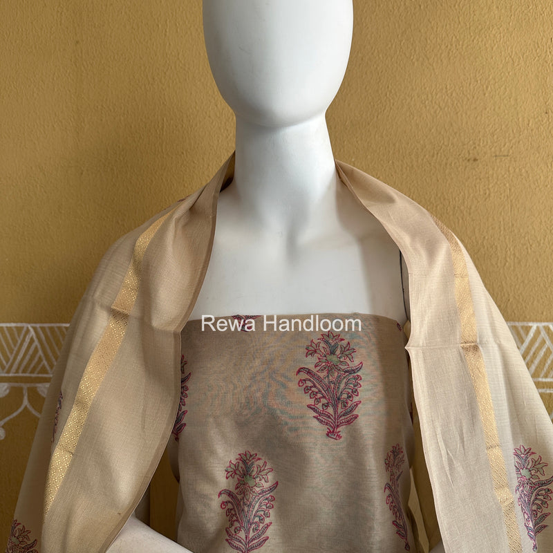 Maheshwari Beige Handblock Print Top-Dupatta HBS0222
