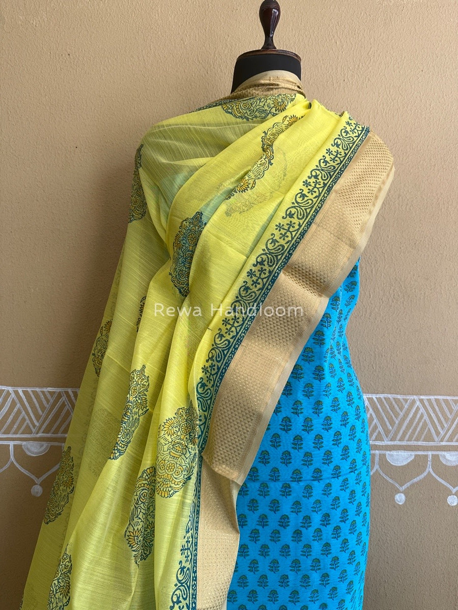 Maheshwari Sky Blue-Yellow Handblock Print Top-Dupatta HBS031