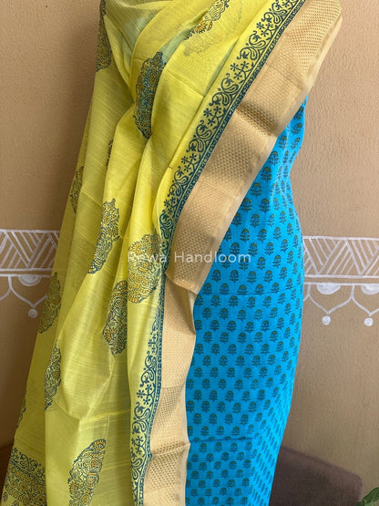Maheshwari Sky Blue-Yellow Handblock Print Top-Dupatta HBS031