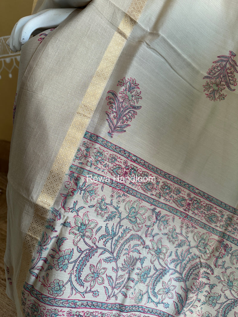 Maheshwari Beige Handblock Print Top-Dupatta HBS0222