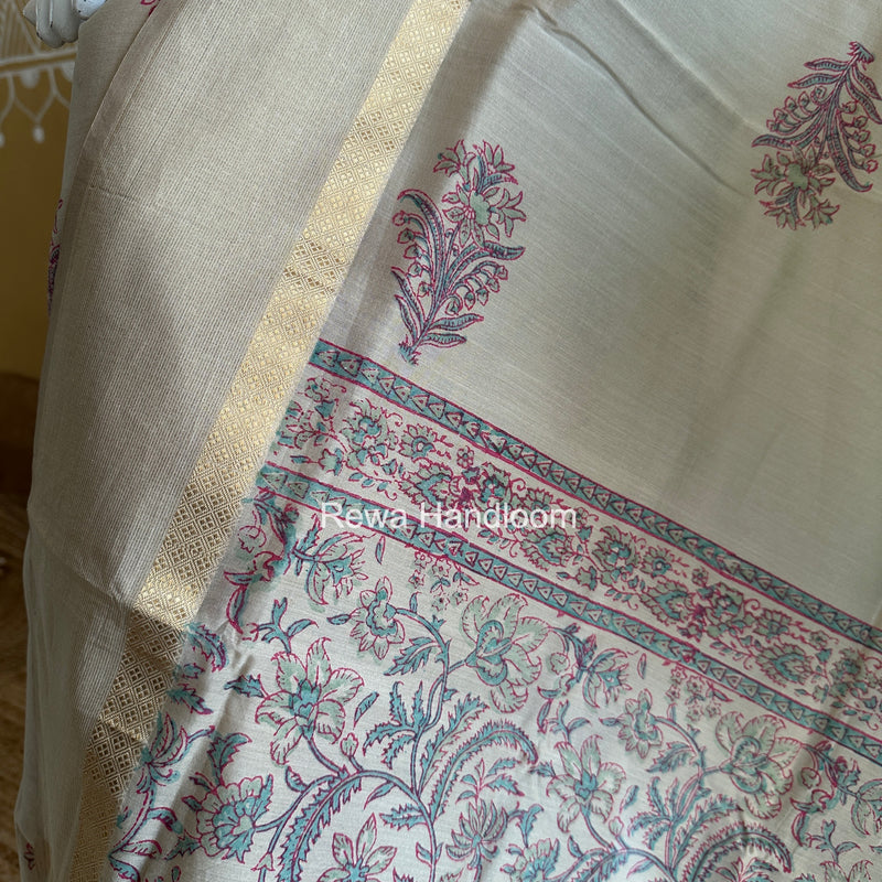 Maheshwari Beige Handblock Print Top-Dupatta HBS0222