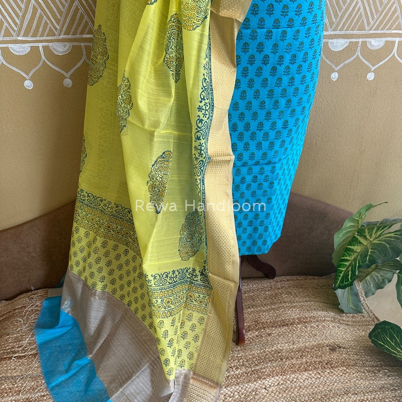 Maheshwari Sky Blue-Yellow Handblock Print Top-Dupatta HBS031