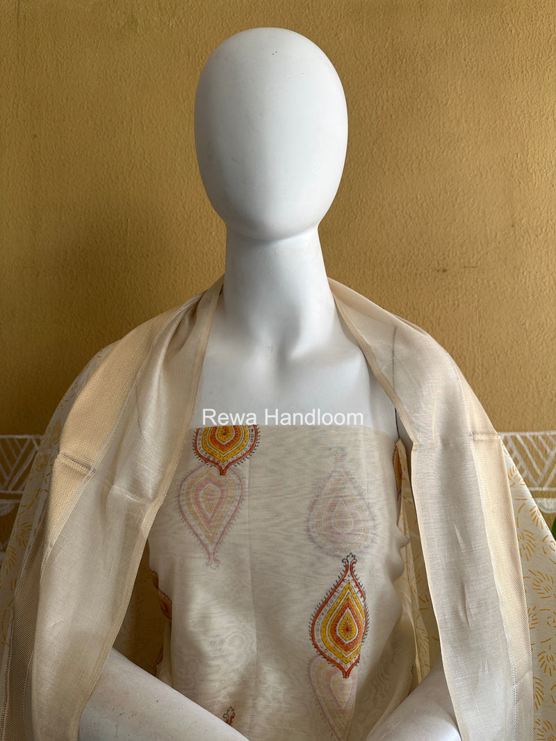 Maheshwari White Handblock Print Top-Dupatta HBS0158