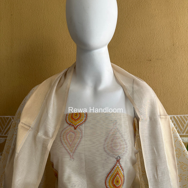 Maheshwari White Handblock Print Top-Dupatta HBS0158