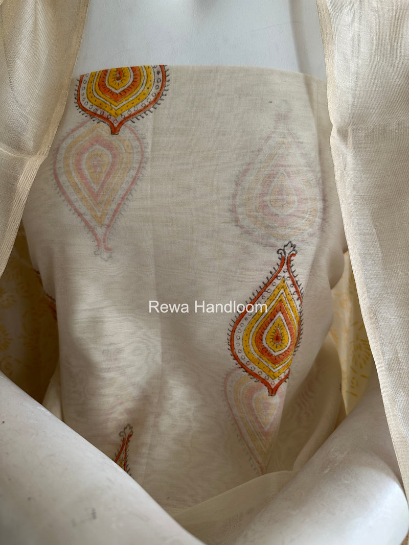 Maheshwari White Handblock Print Top-Dupatta HBS0158