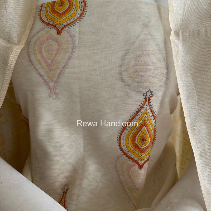 Maheshwari White Handblock Print Top-Dupatta HBS0158