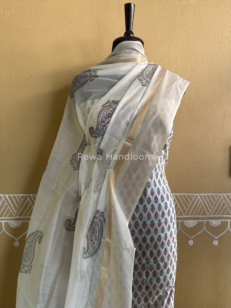 Maheshwari White Handblock Print Top-Dupatta HBS0119