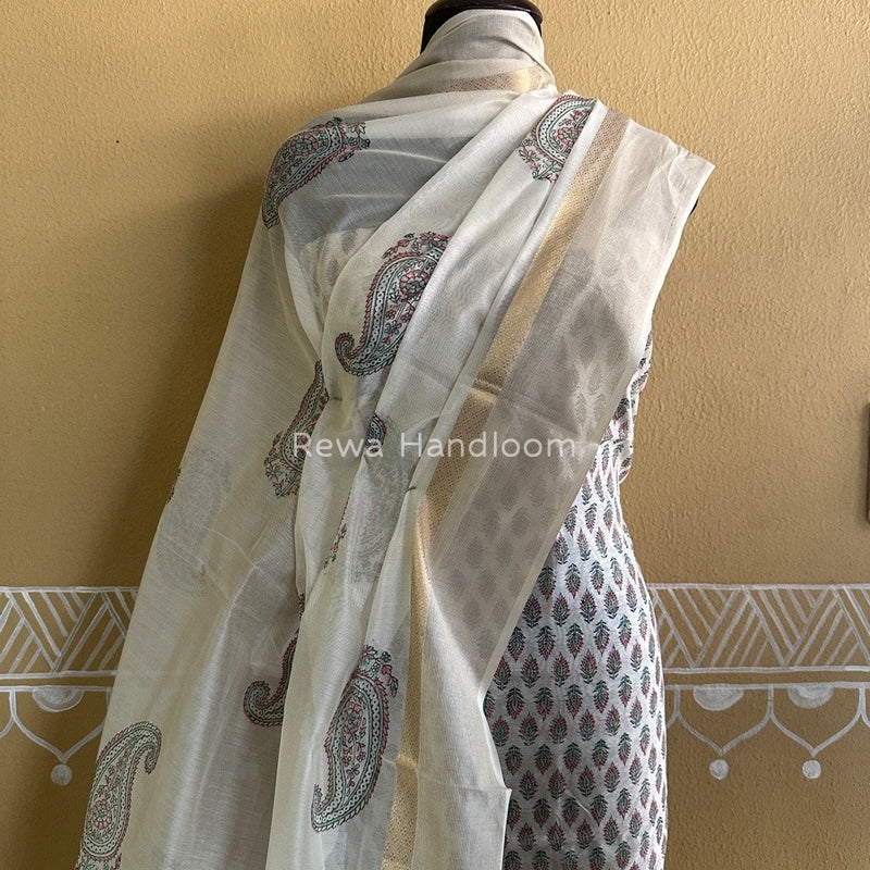 Maheshwari White Handblock Print Top-Dupatta HBS0119