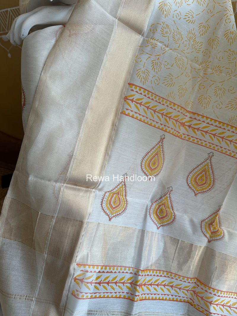 Maheshwari White Handblock Print Top-Dupatta HBS0158